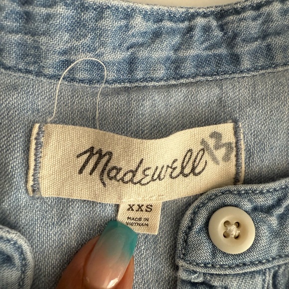 Madewell Popover Top Womens Emmie Wash Denim Shirred Long Sleeve Size XXS - Picture 6 of 14